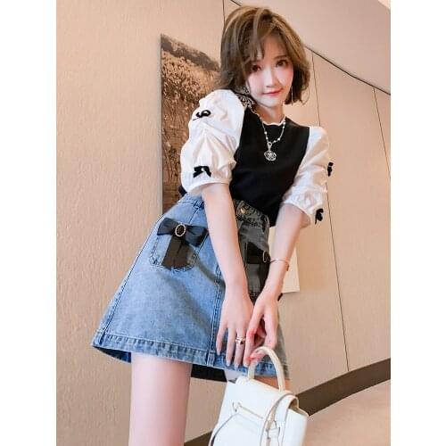 Top Quality Round neck contrast stitched bubble sleeve top+Bow tie denim skirt suit womens summer new