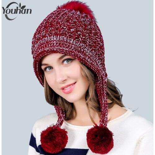 YOUHAN 2021 Skullies Beanies Fashion Women Hat Winter Solid Thicken 3 Ball Lovely Lady Warm Hat Knitted Wool Cap Drop Shipping