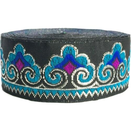 ZERZEEMOOY 1-1/4" 33cm 7yard/lot Single Face Woven Jacquard Ribbon Black background Metal Silk Geometry Blue Flowers Cloud