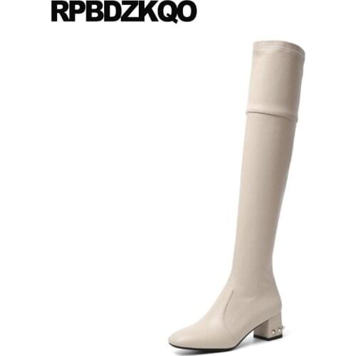 Big Size 4 Studded Chunky Over The Knee Beige Stretch Stud Square Toe Sexy Shoes High Rivet Casual Thigh Boots For Plus Women