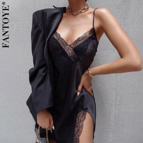 FANTOYE Lace Mini Dress Spaghetti Strap Backless Party Bodycon Dress 2020 Summer V-Neck Satin Night Dress Homewear Dress Pajamas