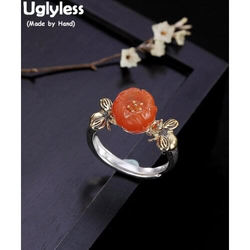 Uglyless Real 925 Sterling Silver Handmade Bees Rings for Women Open Finger Ring Agate Plum Flower Fine Jewelry Ethnic Bijoux