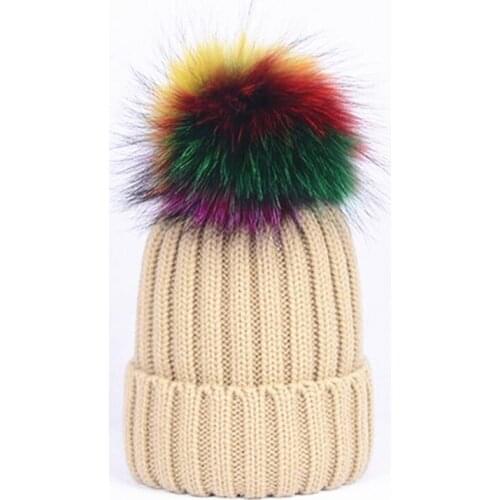Winter Female Unisex Solid Natural 14cm Detachable Fur Pompoms Knitted Beanies Hats Rainbow Dyed Knitting Skullies Caps