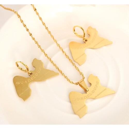 Gold Map of Guadeloupe sweater chain Necklace earrings women girls boy men party Trendy Jewelry set Gifts kids daily wear
