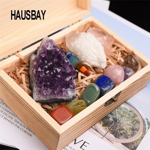 11PC/set Crystal Stone Natural Amethyst Cluster Quartz Irregular Healing Rose Quartz Chakra Pendulum with Wooden Gift Box Home D