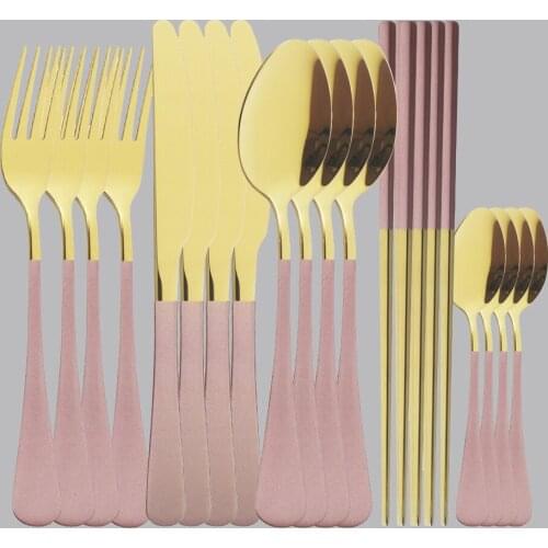 20Pcs Pink Gold Dinnerware Tableware Stainless Steel Cutlery Sets Forks Knives Spoons Kitchen Home Party Chopsticks Flaware Set