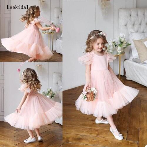2021 Light Pink Flower Girl Dresses Cap Sleeves Tulle Tea Length Girls Pageant Gowns Custom Made Kids Birthday Party Dress