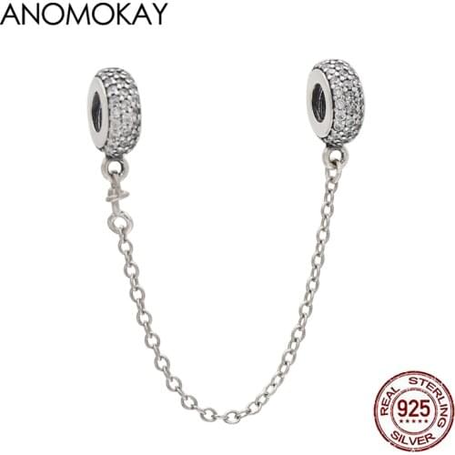 Anomokay Full of White Crystal 925 Silver Safety Chain fit Bracelet & Bangle Real Sterling Silver Stopper Chain Jewelry