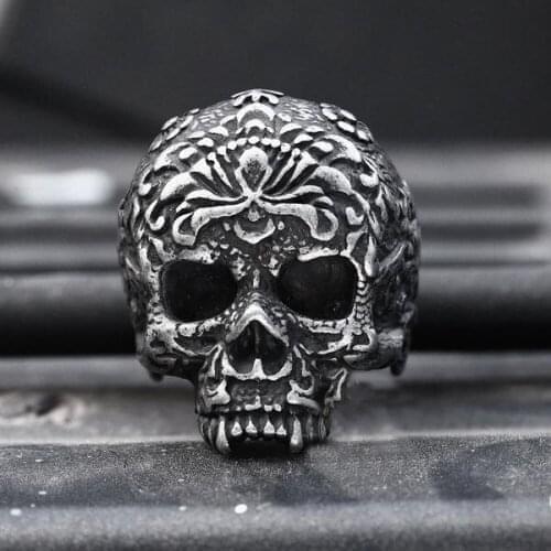 Freeshipping Wholesale Stainless Steel Gothic Punk Skull Flower Ring Biker Hiphop rock Jewelry Unique Fashion Gift for Men
