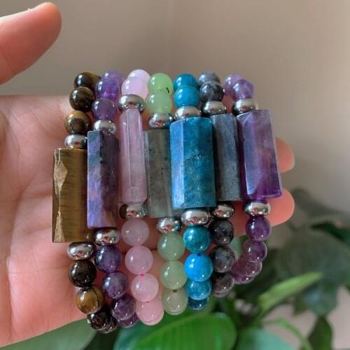 Natural Gem Stone Strand Bracelet Rectangle Bar Amethysts Kyanites Labradorite Prehnites Rock Crystal Bracelet Reiki Healing