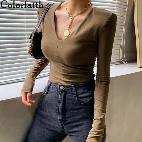 Colorfaith New 2021 Womens Spring Autumn T-shirt Soild Bottoming Basic Korean Style Shoulder Pads Sexy Lady Short Tops T0401