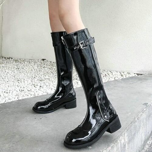 EshtonShero Spring Autumn Knee High Boots Women Fashion White Square Med Heels Woman Patent Leather Shoes Blue Winter Size 3-11