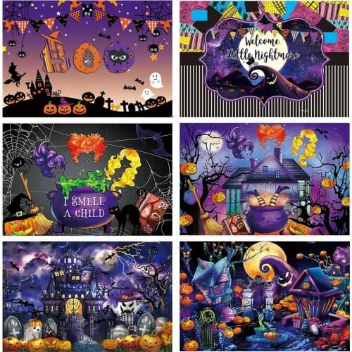 Halloween Party Pumpkin Lanterns Background Night Magic Castle Trick or Treat Banner Bats Witch Ghost Spider Web Decor Backdrop