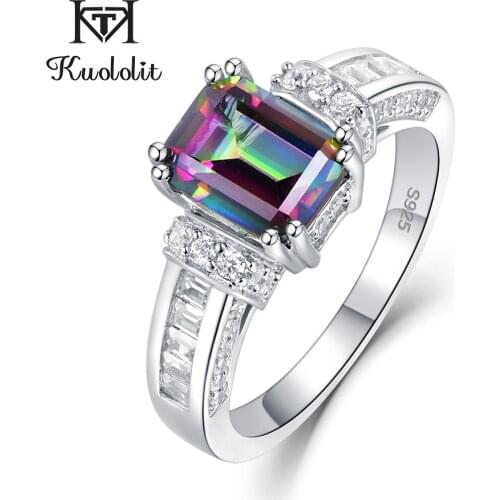 Kuololit Natural Mystic Topaz Gemstone Rings for Men Women 925 Sterling Silver Rectangle Stone Size10 Engagement Fine Jewelry