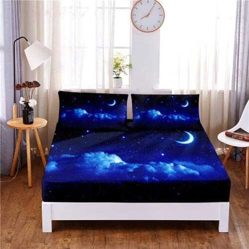 Moon Sky Digital Printed 3pc Polyester Fitted Sheet Mattress Cover Four Corners with Elastic Band Bed Sheet Pillowcases
