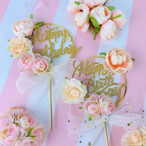 Metal Gold Happy Birthday Cake Topper Flowers Mesh Cupcake Topper for Kids Girls Birthday Party Cake Decorations Baby Shower