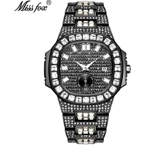 MISSFOX Men Luxury Watches Top Brand Full Diamond Bling Bling Hip Hop Rappers Jewelry Waterproof Quartz Wristwatch V299