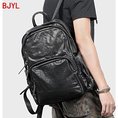 Genuine Leather Mens Backpack Men Laptop Bag Large-capacity School Bag Retro Black Leather Backpacks Vegetable Tanned Leather
