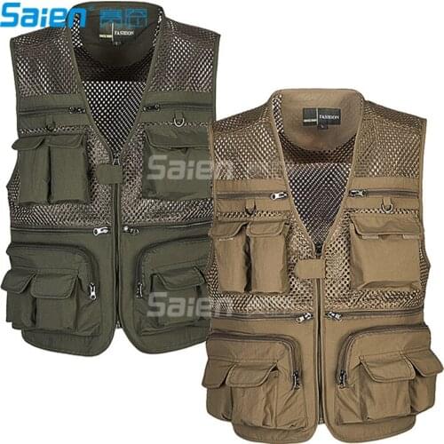 Mens Mesh Outdoor Work Fishing Travel Photo Vest with 16 Pockets Khaki