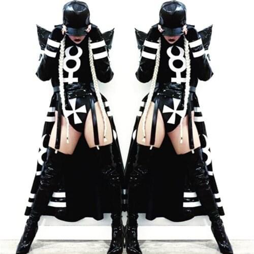 New Sexy Nightclub Clothes Female Black Long Clock Jacket Bodysuit Dj Singer Costumes Women Jazz Dance Festival Outfit DN9333