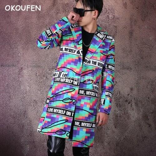 Nightclub hair stylist host stage performance jacket new colorful plaid print suit mens long blazer