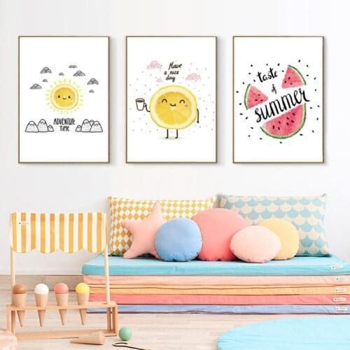 Spray Color Fruit Watermelon Rays Nursery Room Decoration Wall Picture Smile Cartoon Lemon Nordic Fresh Canvas Painting Poster