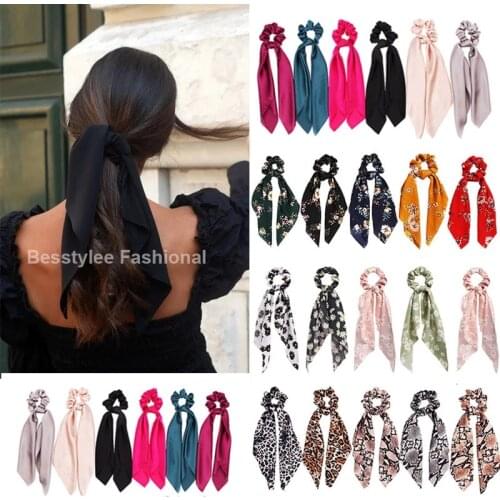 Flower Dots Silk Scarf Scrunchies Women Solid Long Ribbon Tassel Elastic Hair Band Ponytail Holder Gum for Hair Ties Accessories