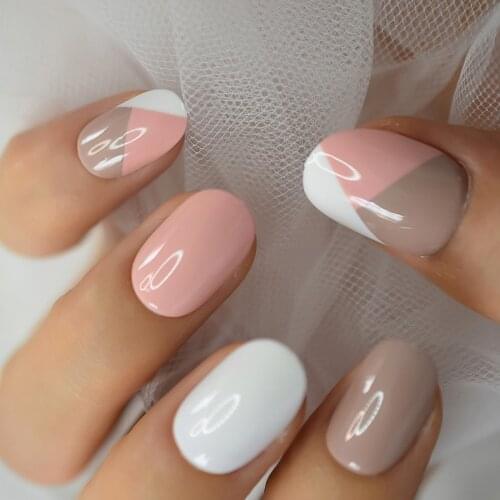 Salon Acrylic French Glossy Pink White Fake Nails Art Tips Press on with Designs Full Cover False Artificial Short Round Nail