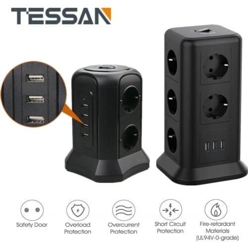 TESSAN EU Plug Outlet Power Strip Multi Plug USB Socket with Switch and 5/6.5 ft Extension Cord Tower