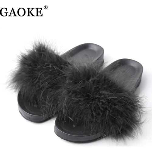 Fur Furry Slide Sweet Feather Shoes Platform Thick Bottom Beach Female Sandals Hair Flip Flops Women Home Slippers Indoor Soft