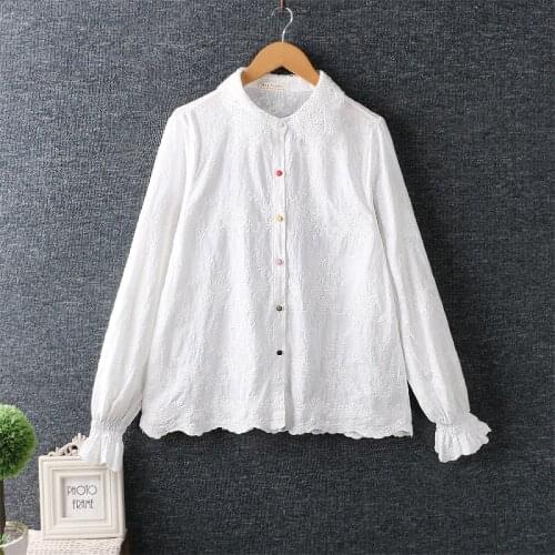2021 New Spring Women Blouse Japan Style Mori Girl Fresh Lace Turndown Collar Embroidery White Long Sleeve Cotton linen Shirt