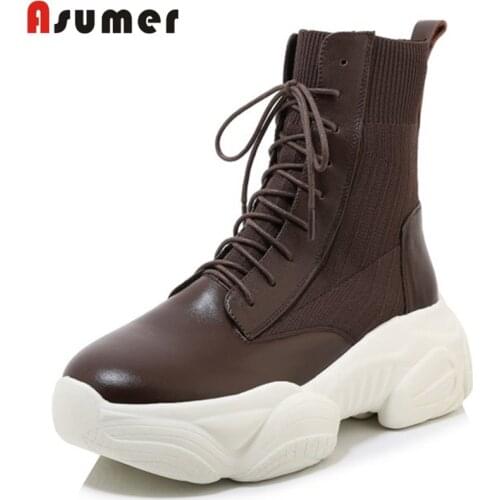 Asumer 2022 hot sale flat platform boots women genuine leather + elastic knitting casual shoes Comfortable ankle boots woman