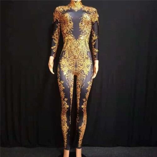 E31 Gold balck printing female bodysuit gogo ds perform dress stage costume ballroom dance jumpsuit tight outfits bar clothe bra