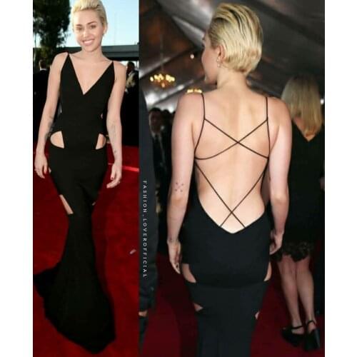 Long V-Neck Black Celebrity Dresses Sexy Back Robe De Soiree Sweep Train Mermaid Formal Dresses for Women