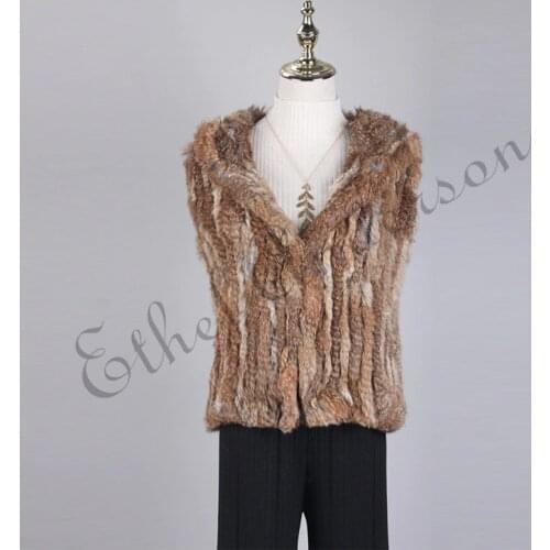 Real Rabbit Fur Jacket Gilet Hooded Womens Hand Knitting Vest Slim Waistcoat Outwear Coat Wholesale