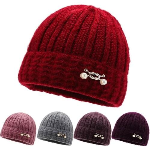 Winter hat middle-aged and elderly hat knitted mother hat solid color warmth thick beanie hat outdoor woolen hat