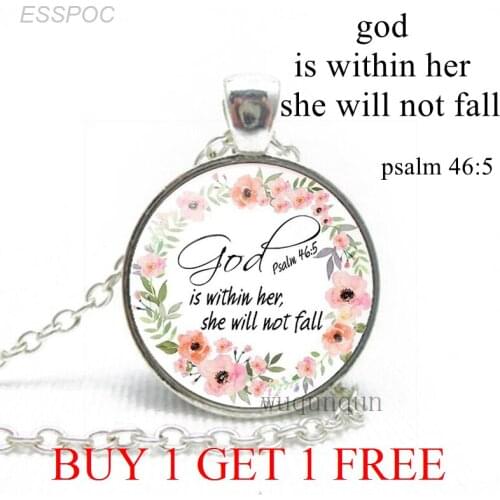 God Is Within Her, She Will Not Fall Bible Verse Quote Fashion Psalm Necklace Glass Dome Jewelry Christian Pendant Women Gift