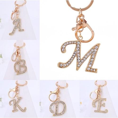 New Rhinestone Crystal Letter Pendant Keychain Gold Color 26 English Letters A-Z Key Ring Fashion Jewelry Unisex Key Chain Gifts