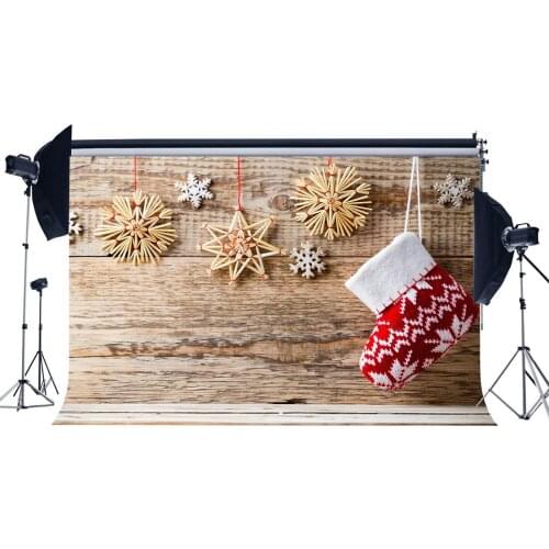 Photography Backdrop Christmas Sock String Snowflakes Seamless Xmas Weathered Wood Floor Backdrops Happy New Year Background