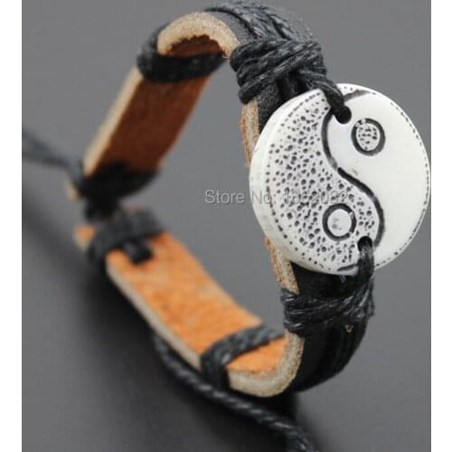 Imitation Yak Bone Carved Tai Chi Yin & Yang Leather Bracelets Bangle Lucky Gift MB119