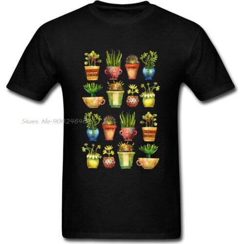 Cactus Tee Potted Plants T-shirt Men T Shirt Succulents All in A Row Tshirt Summer Free Style Top Cotton Clothes Cool Black