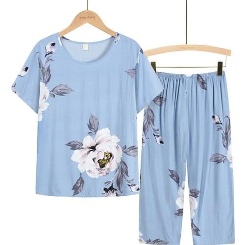 Summer Cotton Silk 2021 New Middle-aged Suit Short-sleeve Round Neck Floral Print Women Pajamas Top 2 Piece Plus Size Nightwear