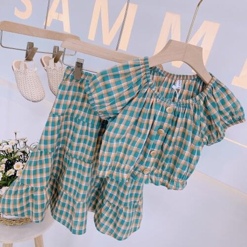2021 Girls Summer Plaid T Shirt + Skirt Dress 2Pcs Clothing Set Teenager Birthday Party Dresses Princess Kids Children Vestido