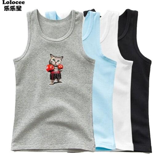 2021 Summer Kids Vest Tank Tops Shirt Fashion Boxing Cat Kawaii Cartoon Harajuku Casual Print Sleeveless O-neck Boys T-shirt
