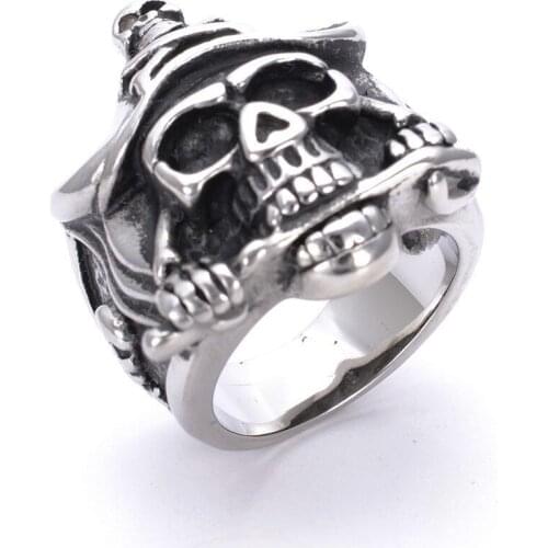 Mens Silver color Pirate Skull Knife Caribbean Biker Stainless Steel Ring