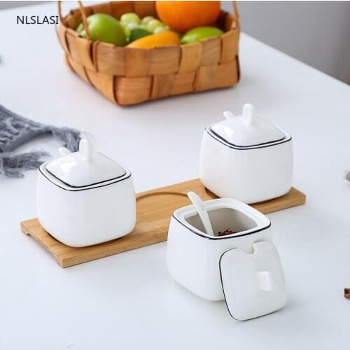 Round Square ceramics Seasoning tank set Home pepper Salt Sugar Bowl Seasoning Bottle Storage tank With Cover Kitchen supplies