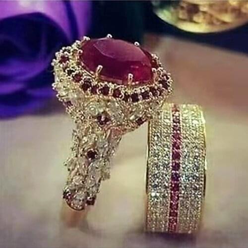 2Pcs 5/6/7/8/9/10/11 Sizes Natural Red Ruby Ring Set Antique Exquisite Art Elegant Wedding Jewelry Decoration