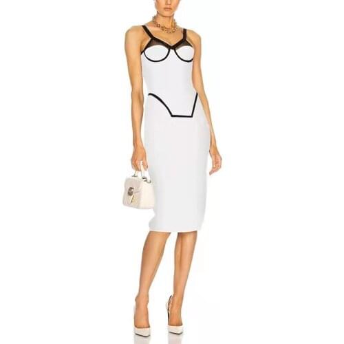 2021 Summer New White Sexy Spaghetti Strap Sleeveless Bodycon Bandage Dress Elegant Celebrity Designer Fashion Party Dresses