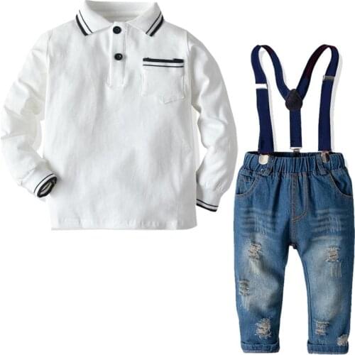 Toddler boy clothes kids cotton clothes white t-shirt + jeans with belt suit spring autumn children costume baby clothes