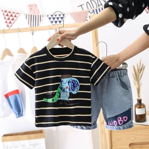 Boy Girl Tee Solid Color t-shirts Baby Boys Girl T-shirts + Denim Short Summer Striped Short Sleeve Kids Tees Children Clothing